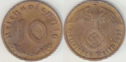1937 J Germany 10 Pfennig A002340.